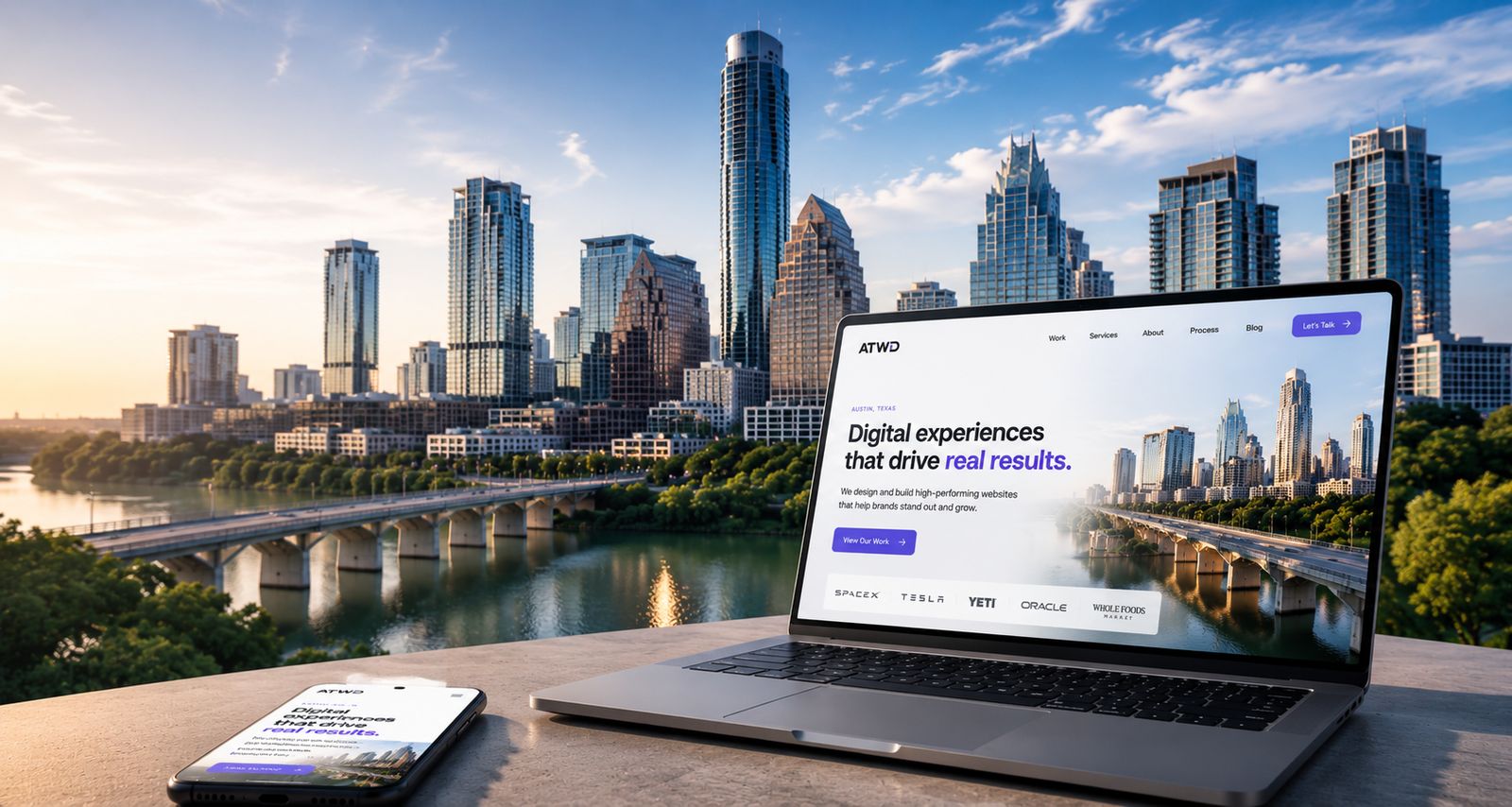 ATWD website design showcase with Austin skyline